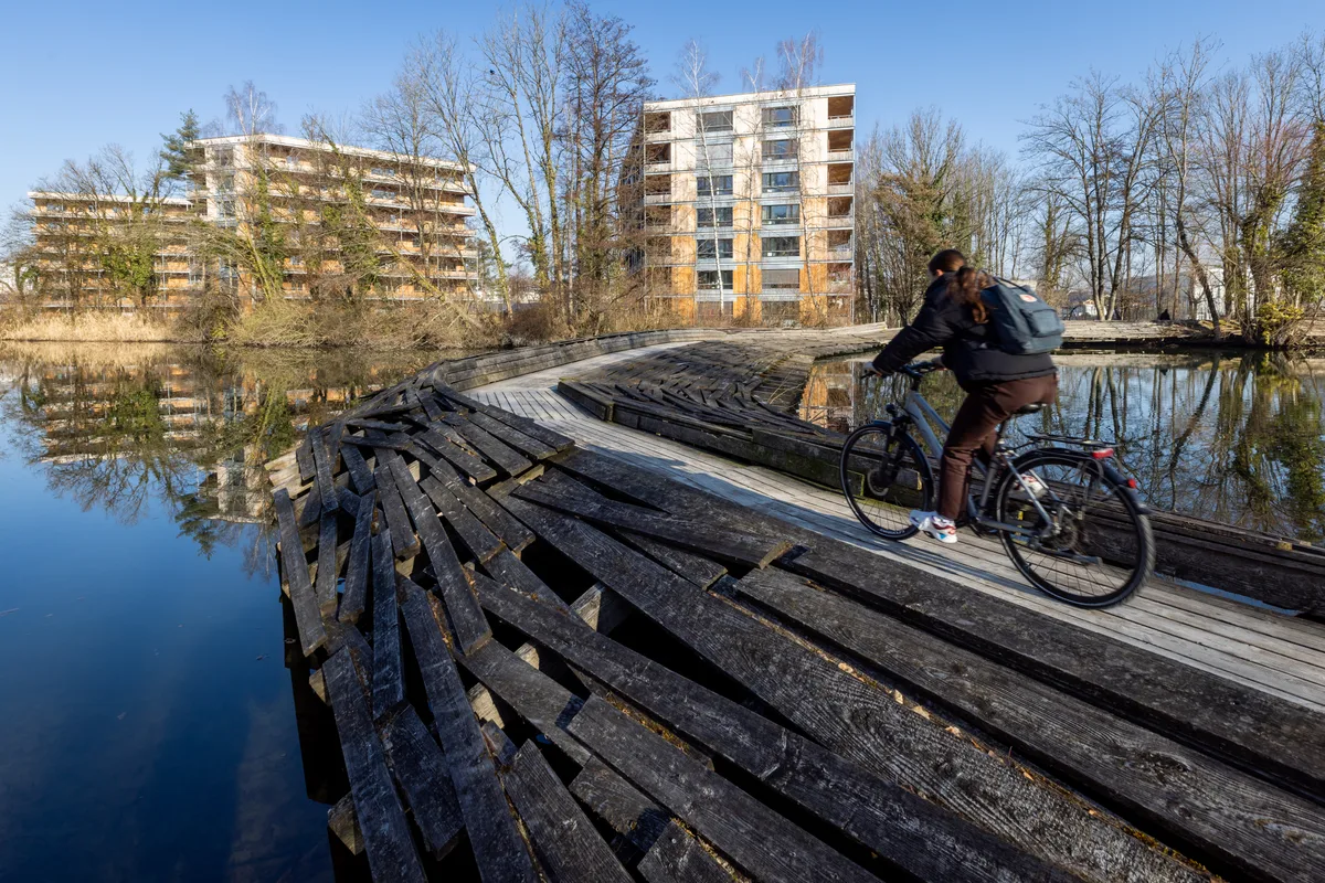Die Holzbrücke im Zellweger-Park fotografiert mit einer Velofahrerin darauf, dahinter Holzhäuser im Zellweger-Park.